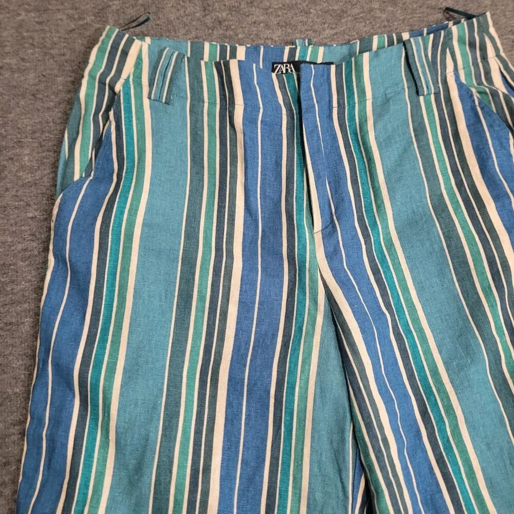 Zara large trousers striped blue zip wide leg linen blend pockets